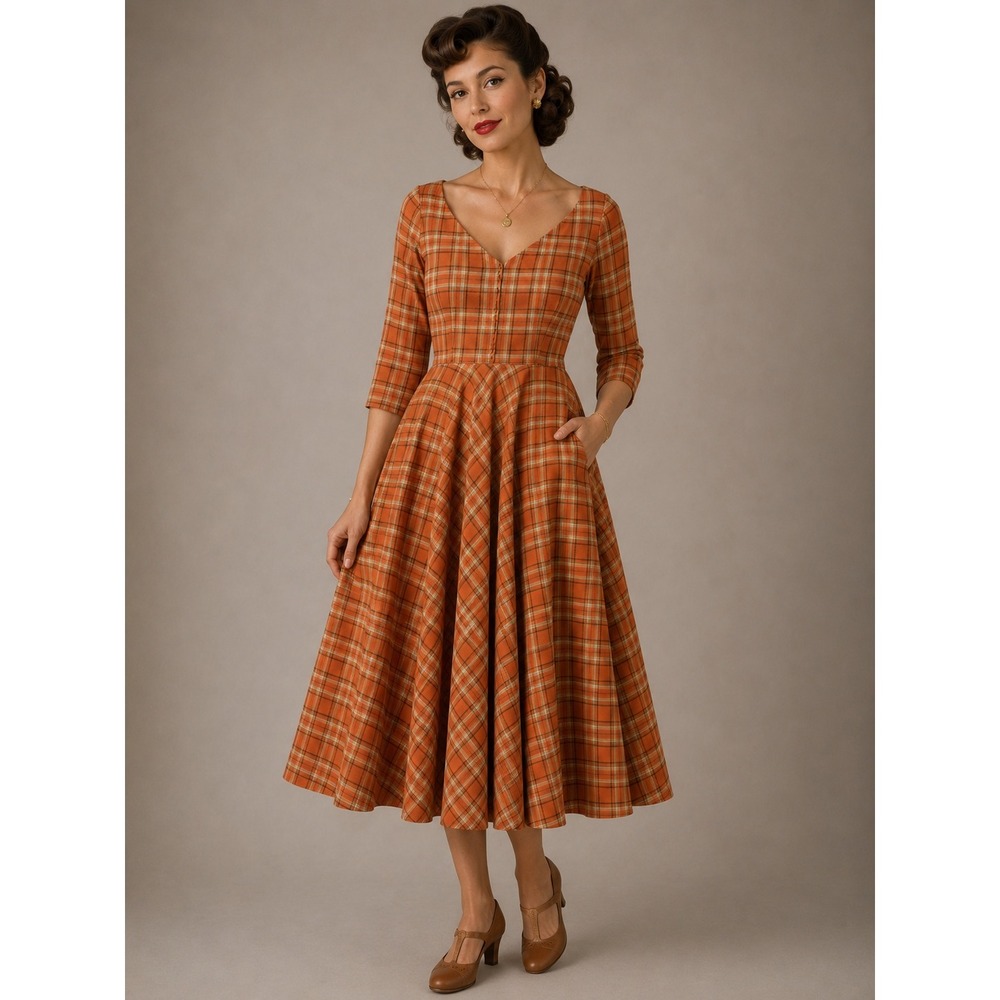 Unique vintage Orange Plaid Swing Dress V-Neck 3/4 Sleeve Retro Pinup